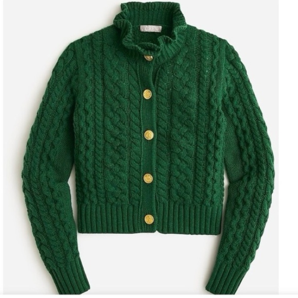 J.Crew Cable-knit Ruffleneck Cardigan Sweater Green sz S